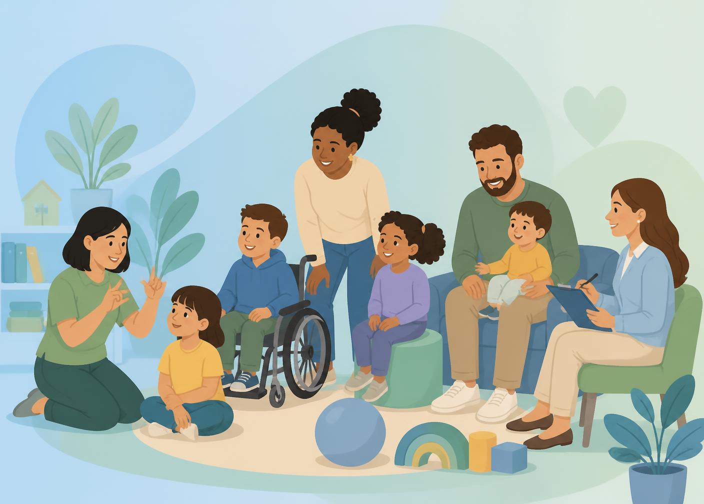 Children, parents, a caregiver using sign language and a therapist together in a warm play-therapy room